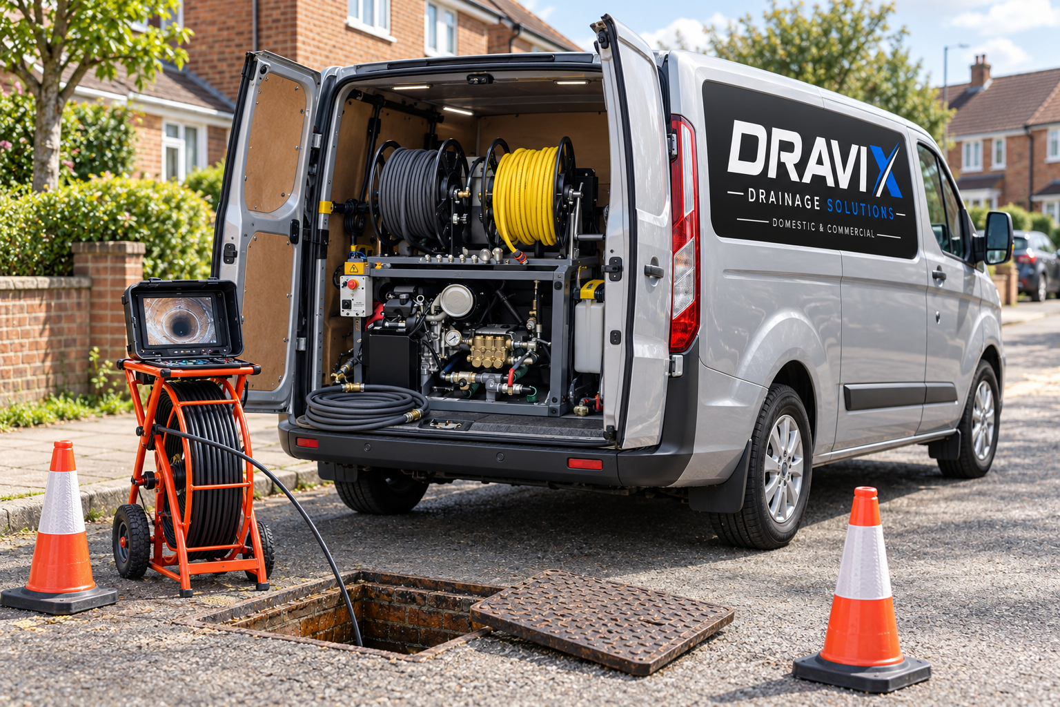 Dravix drainage van with jetting equipment beside an open manhole