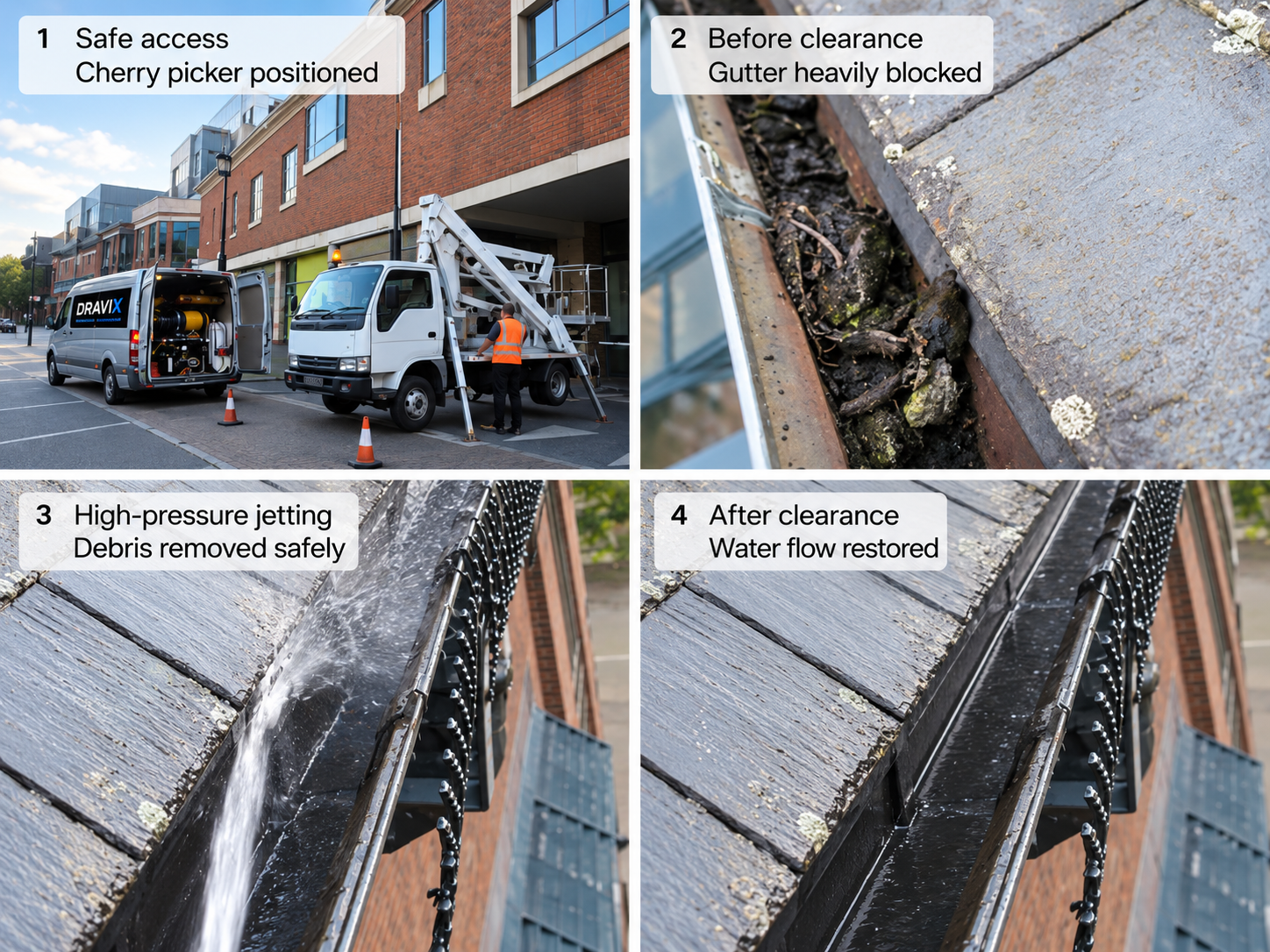 Commercial gutter cleaned using high-pressure water jetting and a cherry picker