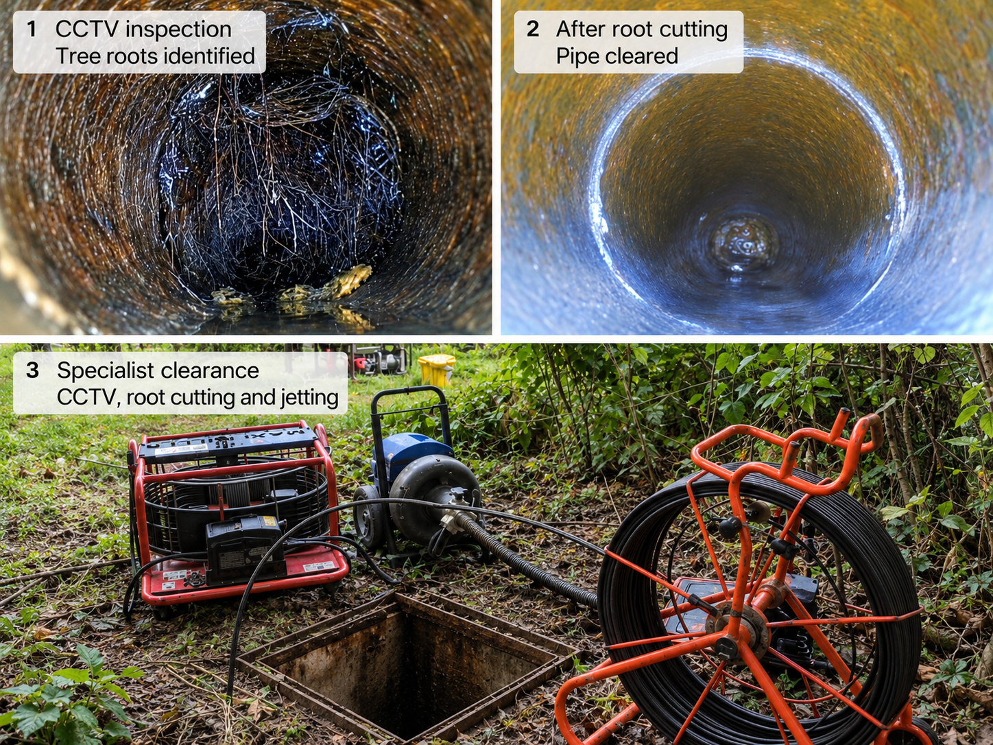 Tree roots removed from a drainage pipe